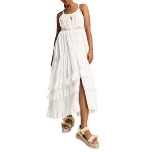Miss Selfridge Festival Ruffle Embroidered Maxi Sundress in White, Size 0